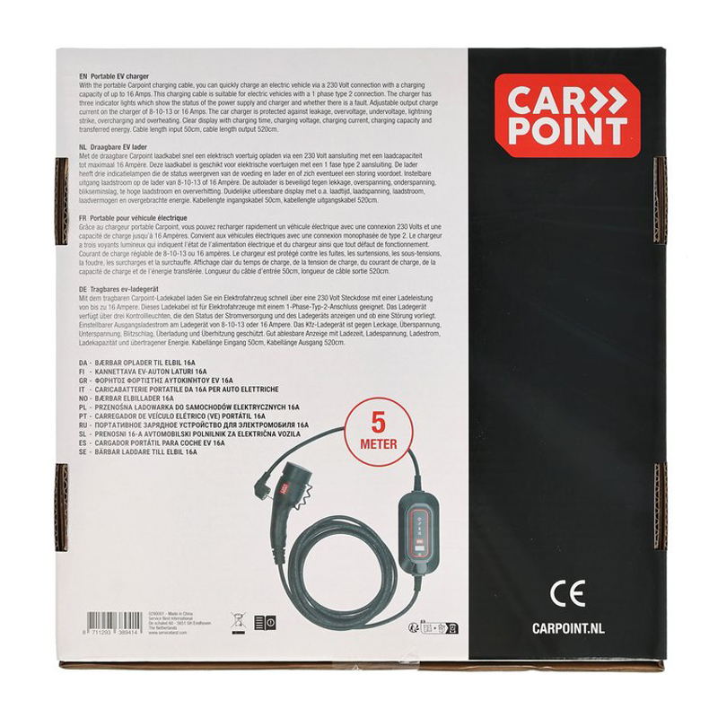 Chargeur portable pour véhicule électrique Carpoint 230 V Type 2 Monophasé 8-16 AMP