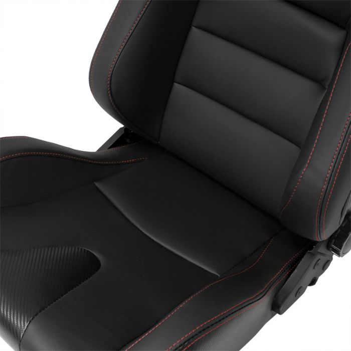 Siège baquet 'RK' - Simili Cuir Noir + Surpiqûres rouge - Dossier réglable - incl. glissières
