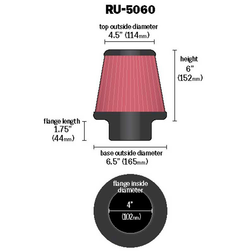 K&N Filtre à Air Universel Conique 102mm raccordement, 165mm de base, 114mm en haut, hauteur 152mm (RU-5060)