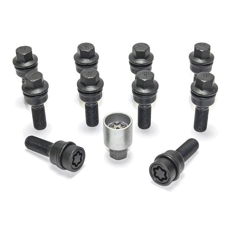 Jeu de Boulons de roue H&R sphérique avec cône mobile R14 M14x1.50 - Longueur 41mm - Noir - 10 pièces (p.e. sur mesure pour Audi Q3, Q5) - antivol de roue inclus
