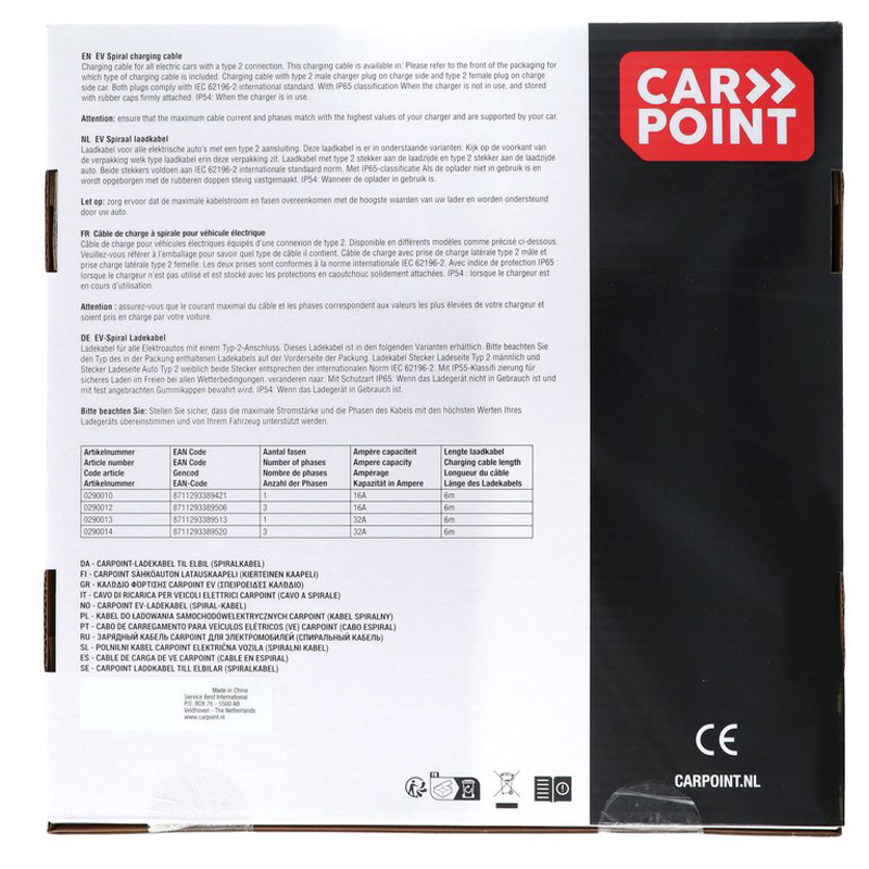 Câble de charge à spirale Carpoint pour véhicule électrique Type 2>2 32 AMP monophasé 6 mètres