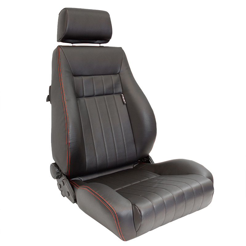Siège baquet 'Retro' - Simili Cuir Noir + Surpiqûres rouge - Dossier réglable - incl. glissières