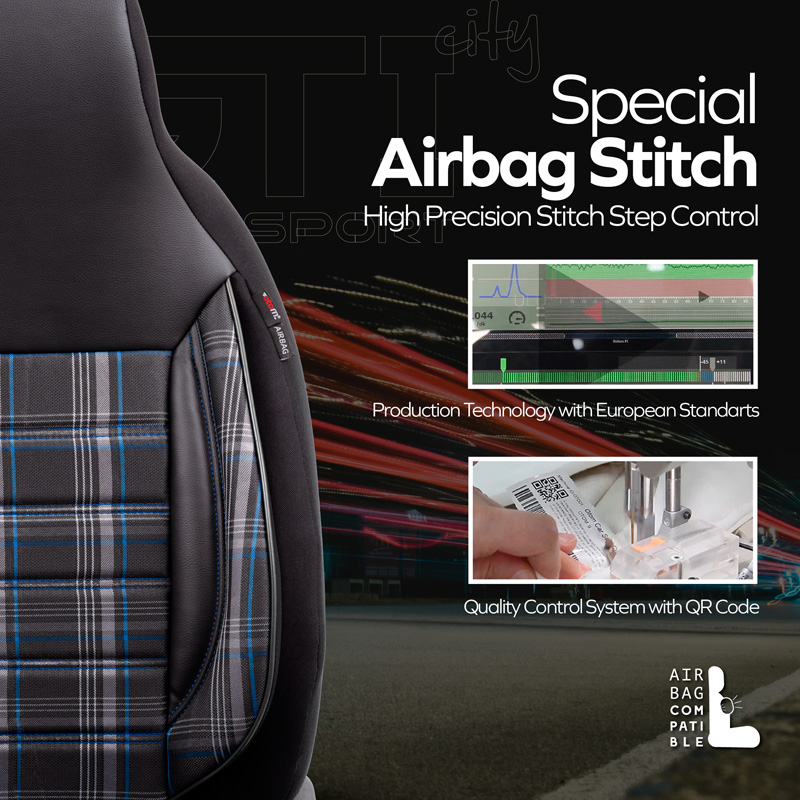 Housse de sièges 'CityBug' universel en textile 'Sports' Noir/Gris/Bleu - 9-pièces - adapté aux Side-Airbags