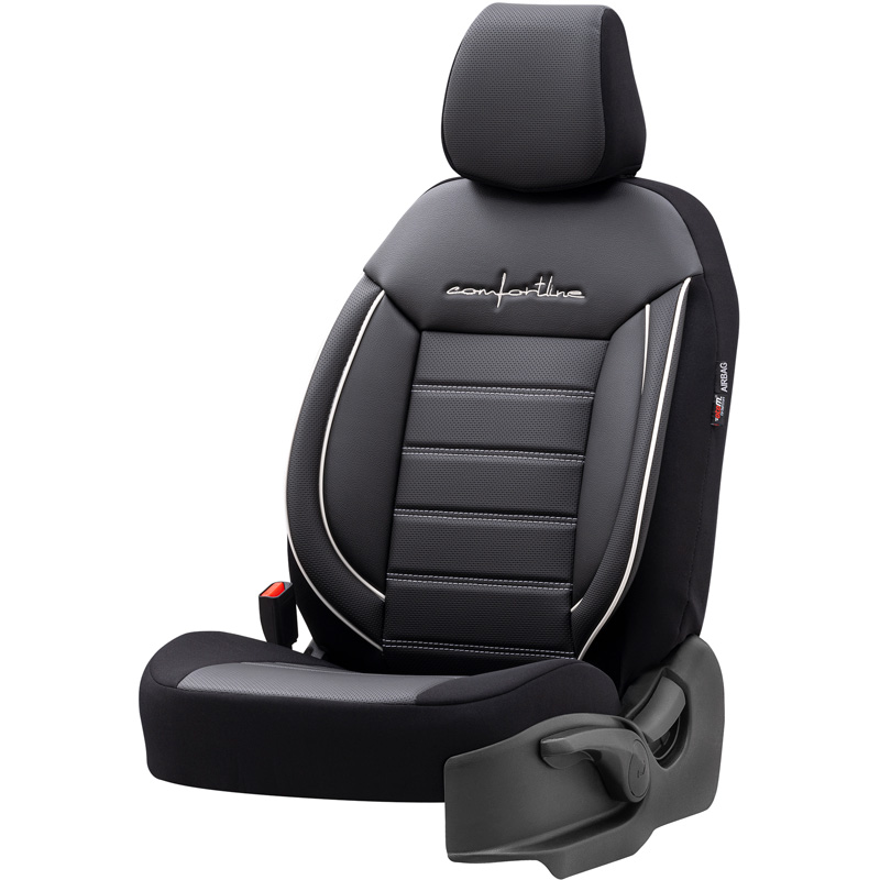 Housse de sièges universel en cuir/textile 'Comfortline' Noir/Gris + Lisière blanc - 11-pièces - adapté aux Side-Airbags