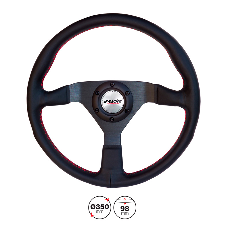 Simoni Racing Volant Universel Nob - Cuir Noir + Couture Rouge - Diamètre 350mm