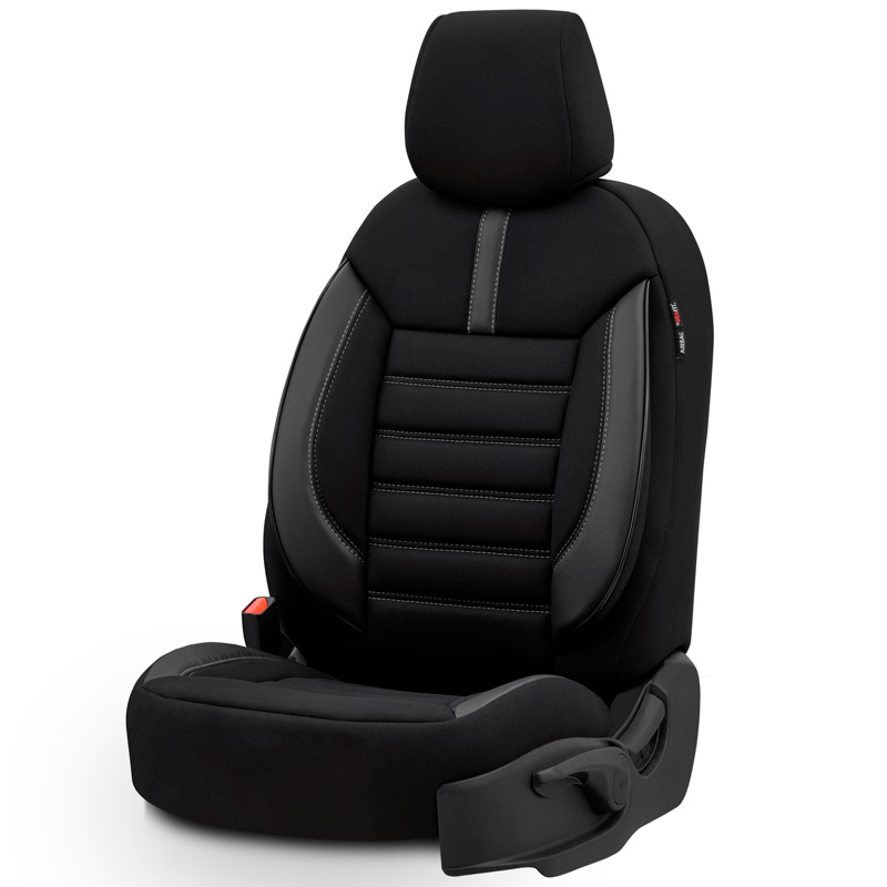 Housse de sièges universel en textile/cuir 'Limited' Noir + Surpiqûres gris - 11-pièces - adapté aux Side-Airbags