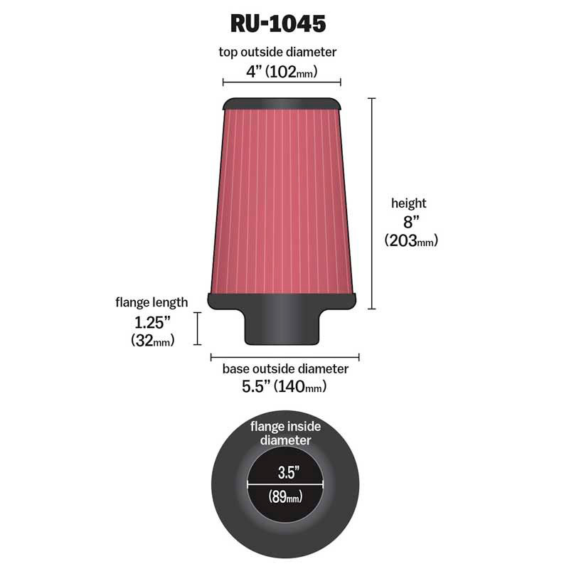 K&N Filtre à Air Universel Conique 89mm raccordement, 140mm de base, 102mm en haut, 203mm hauteur (RU-1045)