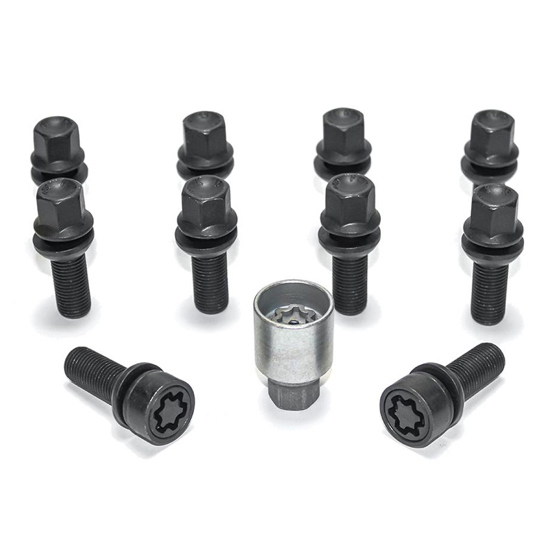 Jeu de Boulons de roue H&R sphérique avec cône mobile R13 M14x1.50 - Longueur 48mm - Noir - 10 pièces (p.e. sur mesure pour Audi S5) - antivol de roue inclus