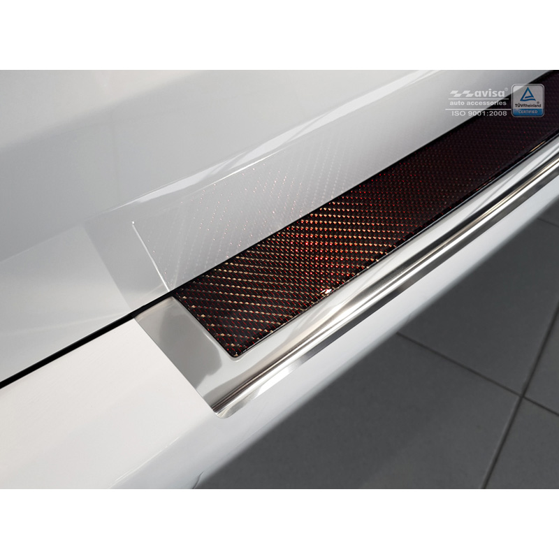 Protection de seuil arrière inox 'Deluxe' sur mesure pour Mercedes Vito W447 2014-2019 & Facelift 2019- Chromé/Carboné noir-rouge