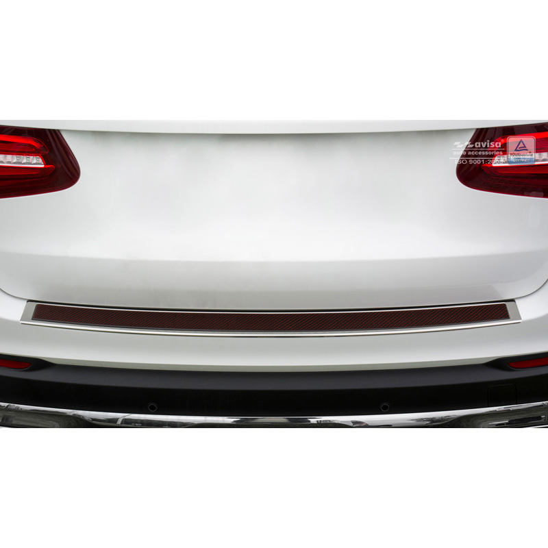 Protection de seuil arrière inox 'Deluxe' sur mesure pour Mercedes GLC 2015-2019 & FL 2019- Chromé/Carboné noir-rouge