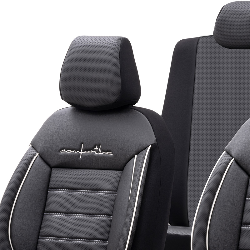 Housse de sièges universel en cuir/textile 'Comfortline' Noir/Gris + Lisière blanc - 11-pièces - adapté aux Side-Airbags