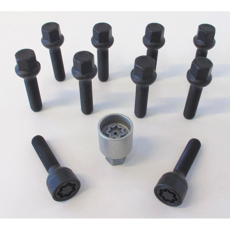 Jeu de Boulons de roue H&R sphérique R13 M14x1.50 - Longueur 47mm - Noir - 10 pièces (sur mesure pour p.e. VAG) - antivol de roue inclus