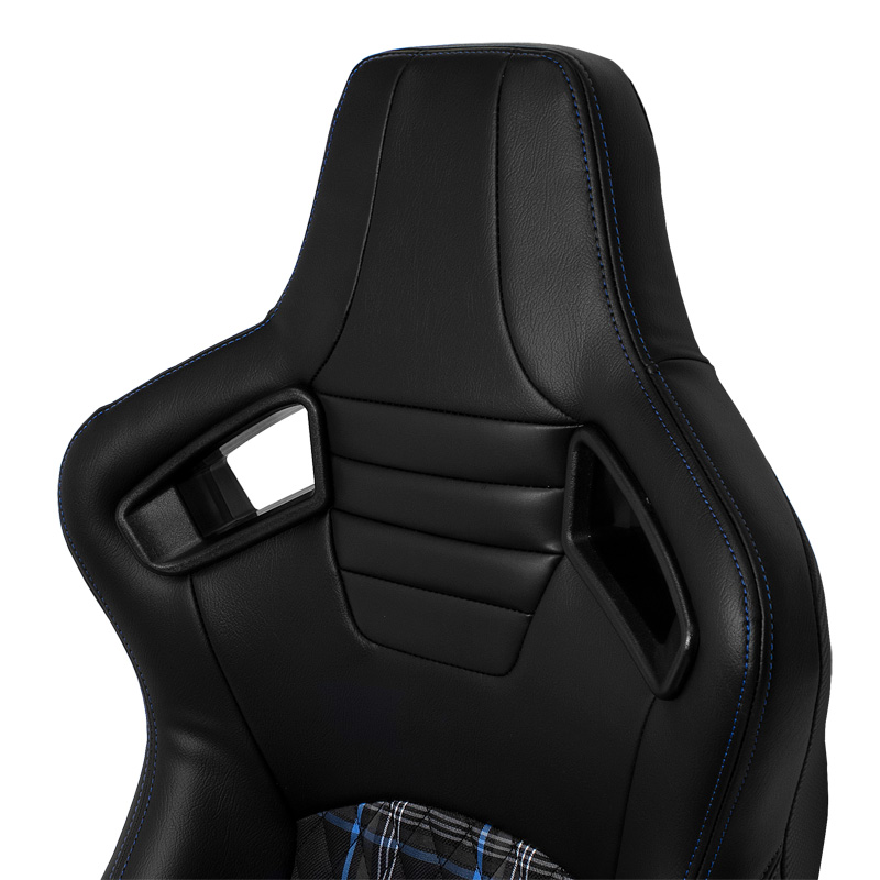 Siège baquet 'GT' - Simili Cuir Noir + Tissu en motif à carreaux Bleu + Surpiqûres Bleu - Dossier réglable - incl. glissières