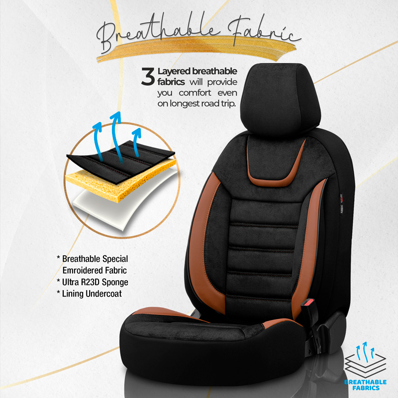 Housse de sièges universel en suede/cuir/textile 'Iconic' Noir/Terrecotta - 11-pièces - adapté aux Side-Airbags