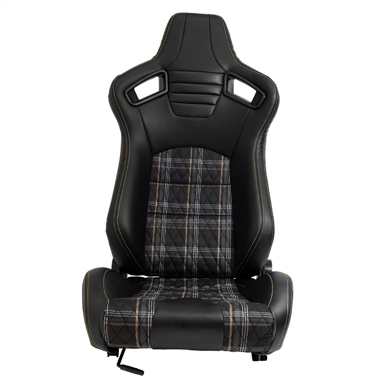 Siège baquet 'GT' - Simili Cuir Noir + Tissu en motif à carreaux Jaune + Surpiqûres Jaune - Dossier réglable - incl. glissières